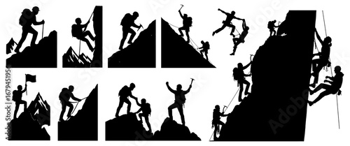 Climber silhouette collection in black. Set of mountaineers climbing mountains with ropes, axes, flags, and teamwork poses