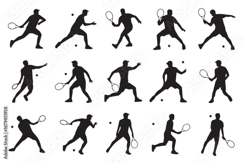 dynamic tennis player silhouette set forehand backhand serve volley vector illustration sports design