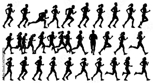 Running silhouette collection in black. Group of men and women jogging, sprinting, and exercising in dynamic movement