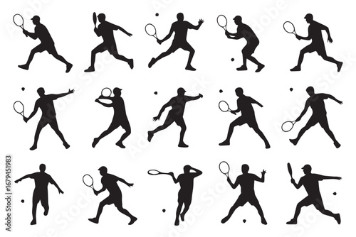fifteen tennis player silhouettes in various action poses vector illustration athletic sports motion set