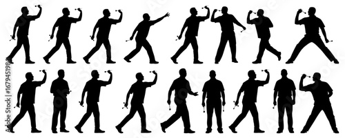 Darts player silhouette collection in black. Men aiming and throwing darts with precision in competition and leisure games