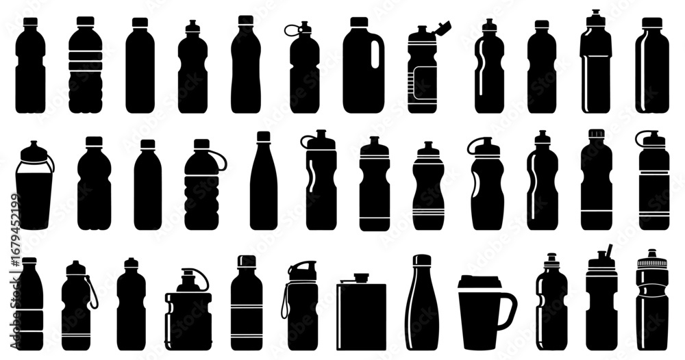 Fototapeta premium Set of water bottle silhouettes in black. Different shapes of plastic bottles, sports flasks, travel mugs, thermos, and reusable containers for drinks and fitness
