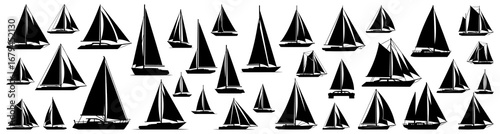 Sailboat silhouette collection in black. Set of yachts, catamarans, and sailing boats with tall masts and various sail shapes