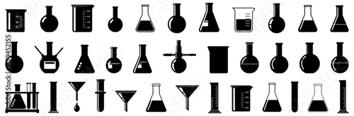 Laboratory glassware silhouette collection in black. Set of beakers, flasks, tubes, funnels, cylinders, and chemical experiment containers