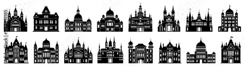 Castle silhouette collection in black. Set of medieval castles, palaces, fortresses, towers, domes, and fantasy architecture shapes