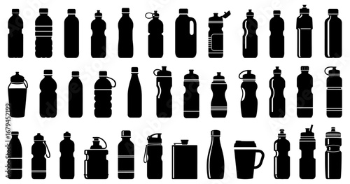Set of water bottle silhouettes in black. Different shapes of plastic bottles, sports flasks, travel mugs, thermos, and reusable containers for drinks and fitness