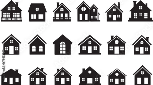 set of 18 vector house icon silhouettes with unique roofs windows doors balconies modern and classic design elements