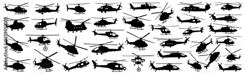 Helicopter silhouette collection in black. Set of various helicopters including military, rescue, transport, and civilian aircraft