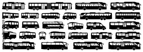 Bus silhouette collection in black. Set of buses including city, coach, school, minibus, and public transport