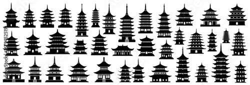 Pagoda silhouette collection in black. Set of traditional Asian temples and pagodas with layered roofs and ornate architecture