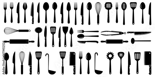 Kitchen utensil silhouette collection in black. Set of knives, forks, spoons, ladles, whisks, spatulas, and cooking accessories
