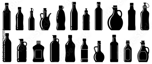 Oil bottle silhouette collection in black. Set of olive oil, vinegar, dispenser, glass, plastic, and kitchen liquid containers