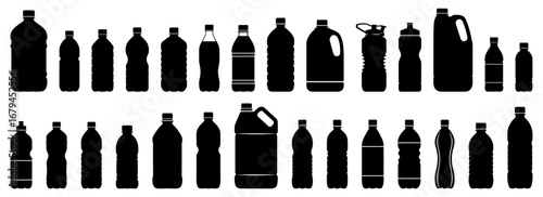 Set of plastic bottles. Different shapes of disposable and reusable containers, mineral water, soda, and juice packaging. Variety of bottle necks, caps, and handles