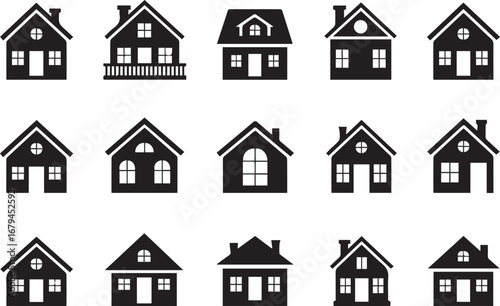 collection of 15 minimal house icons in silhouette style reflecting various home architecture layouts for web print use