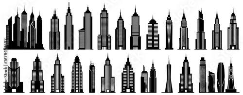 Skyscrapers and tall buildings. Various city towers, high-rise offices, and urban architecture symbols. Includes futuristic, minimal, and classical metropolitan skylines