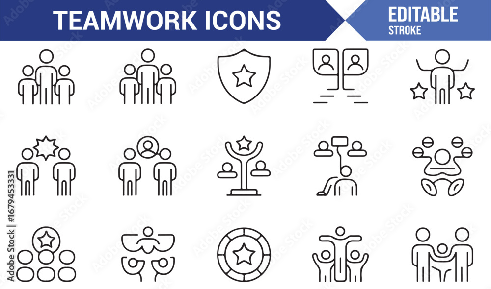 Fototapeta premium Modern teamwork and collaboration icon set for business and technology