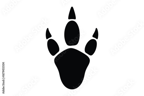 A simple black silhouette illustration of a prehistoric dinosaur footprint or theropod track isolated on a white background