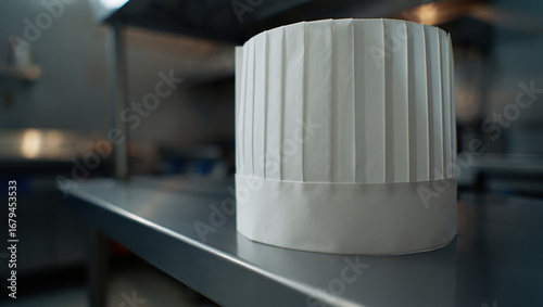 Traditional White Pleated Chef's Hat on a Stainless Steel Counter chef hat toque blanche