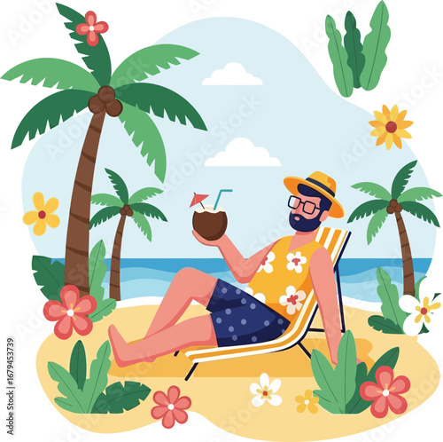 Vector, illustration, man on vacation at the beach with coconut water and plants, sunbathing, poster, vacation, 