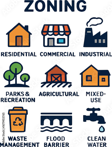 Zoning icons set residential commercial industrial parks recreation agricultural mixed-use buildings utilities