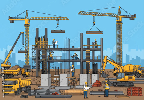 Construction site with cranes, workers, and heavy machinery building a new structure.