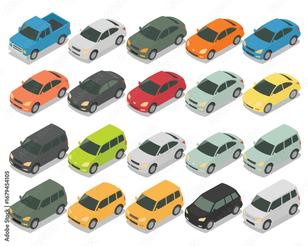 Naklejka premium Isometric Car Collection Diverse Vehicle Set for Transportation and Urban Design Projects