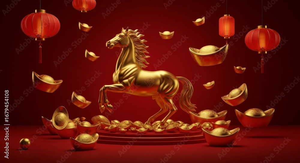 Obraz premium Golden Horse Statue with Red Lanterns and Gold Ingot Decorations