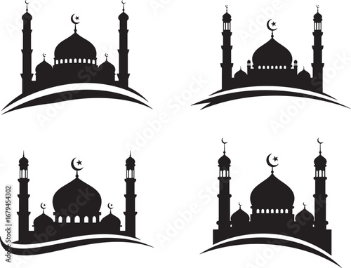 Four islamic mosque silhouettes with crescent moon and minarets silhouette