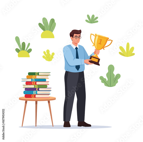 vector, illustration, outstanding company employees holding trophies and books, workers