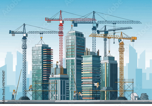 A vibrant cityscape under construction, featuring multiple towering cranes and modern skyscrapers against a clear blue sky.