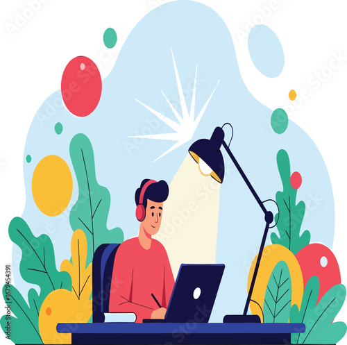 Vector, illustration, students studying under the light of a lamp, plants, posters, background, education