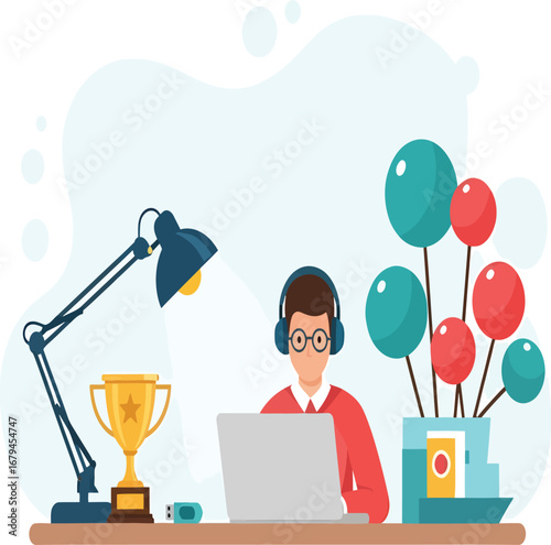 Vector, illustration, students studying under the light of a lamp, plants, posters, background, education