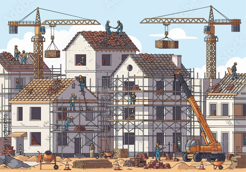 Construction site with multiple buildings under construction.
