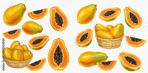A vibrant collection of whole, halved, and sliced papaya fruits, with some gathered in wicker baskets.