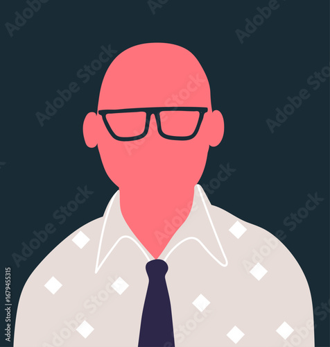 Bald hairless man in glasses. Faceless male avatar, head portrait in modern fashion style. Person in eyeglasses, user profile, trendy poster. Hand drawn vector illustration.