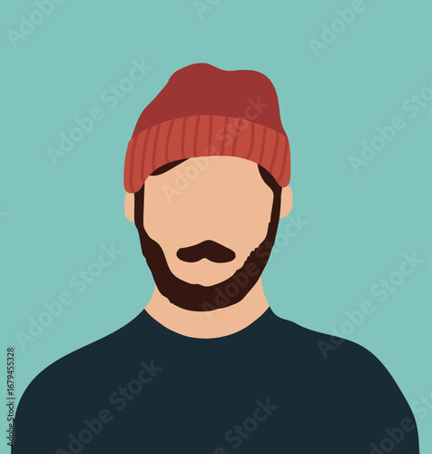 Abstract young man portrait in beanie hat. Faceless male character with beard and moustache. Person poster, head avatar, hand drawn vector illustration.