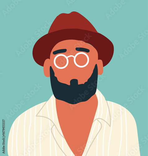 Abstract male portrait, poster. Modern trendy fashion man with beard,hat, glases. Faceless character, unique user profile in stylish elegant headwear, Hand drawn vector illustration.