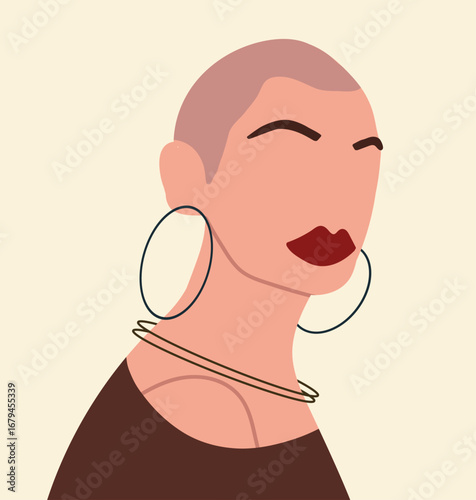 Abstract bald woman portrait avatar, user profile. Faceless female avatar, head portrait in modern fashion style. User profile, trendy poster. Hand drawn vector illustration.