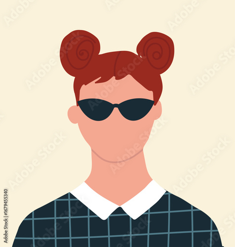 Abstract woman portrait, female avatar in cat-eye sunglasses and hair buns, faceless anonymous, secret agent, spy character, user profile. Hand drawn vector illustration.