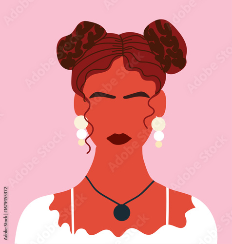 Abstract woman portrait, female avatar with hair buns, faceless anonymous, user profile. Hand drawn vector illustration.