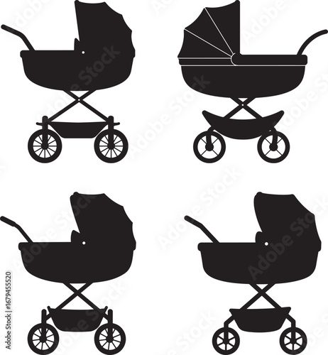Baby Stroller Silhouette Icon Set