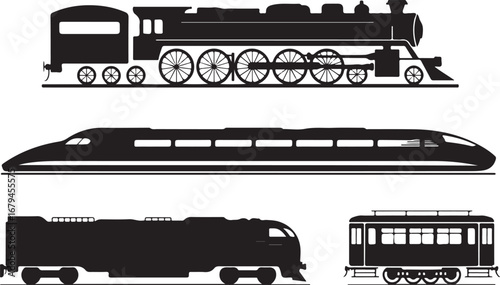 Silhouetted Trains Collection Diverse Rail Transport Vehicles Locomotive and Carriages