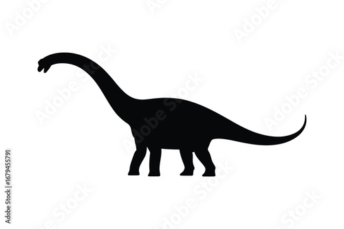 A striking black silhouette of a majestic long-necked dinosaur, embodying the ancient power and grandeur of prehistoric creatures on a clean white background