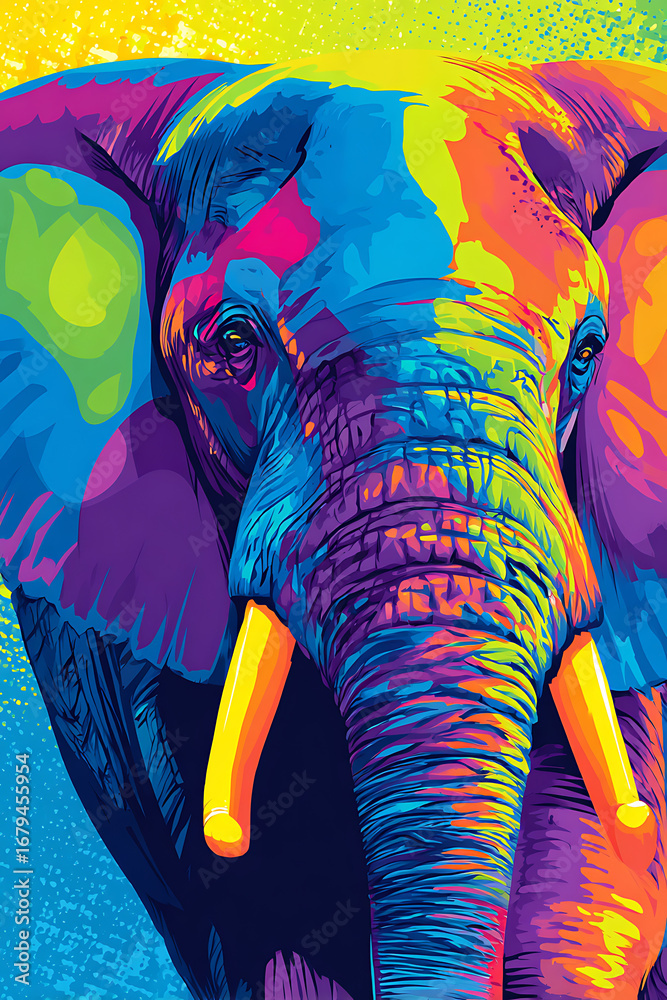 Obraz premium Colorful artistic representation of an elephant against a vibrant background, symbolizing wildlife