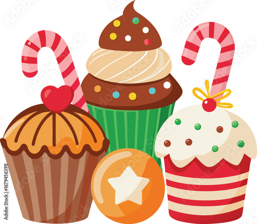 Decorated christmas cupcakes icon set vector. Vanilla and chocolate cupcakes with christmas candies icon set vector. Decorated christmas cupcake with sprinkles icon isolated on a white background 
