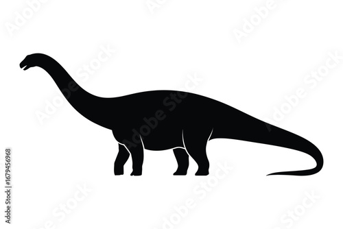Black silhouette of a long-necked sauropod dinosaur. A simple vector icon of a prehistoric Brachiosaurus or Diplodocus animal isolated on a white background