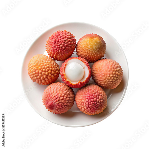 Overhead view of several fresh lychees, one peeled, on a white plate