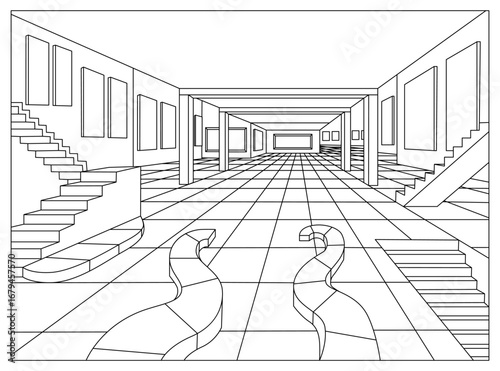 Interior with exhibition paintings in art gallery. Artworks or exhibitions in museum. Line sketch vector illustration