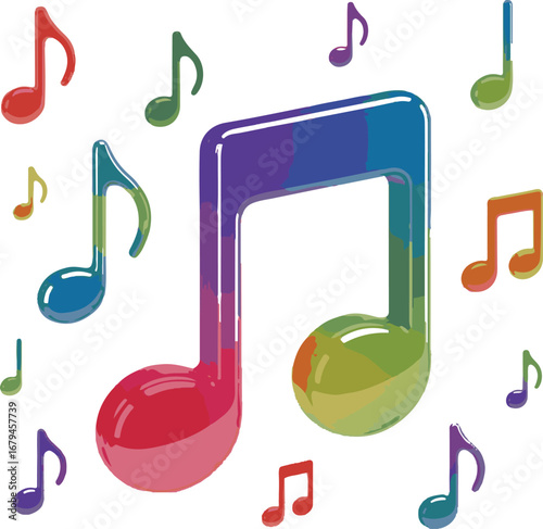 Colorful musical notes with abstract paint effect on white background symbol sound