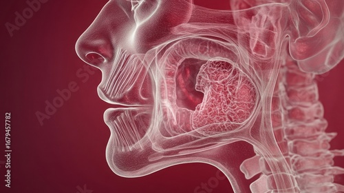 Throat Cancer with Human Anatomy Showing Tumor Growth and Spread in the Oral Cavity and Neck on a Red Background for Medical Visualization and Educational Resources